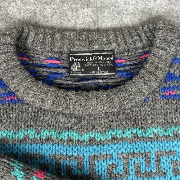Vintage Preswick Moore Sweater Multicolor Geometric Wool Made In HongKong Sz L - Picture 3 of 8